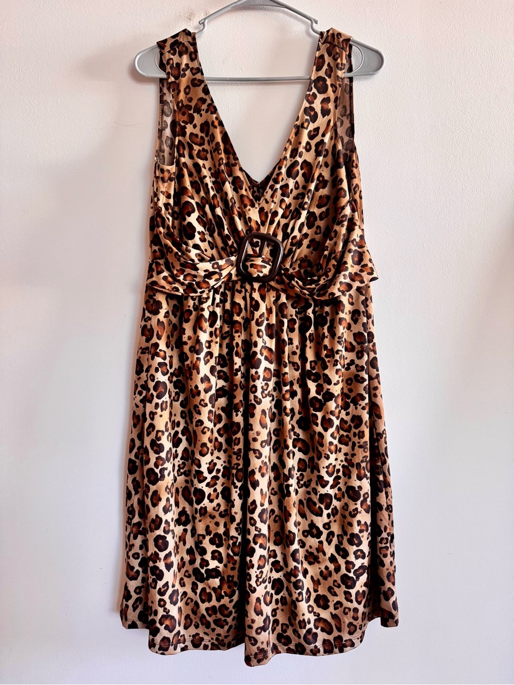 Retro Cheetah Print Jersey V-Neck Midi Dress WIth 90s Inspired Belt | Size XL